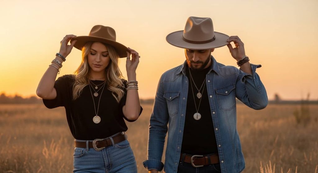 "Accessorizing essentials for couple photoshoot outfit ideas with hats and jewelry"