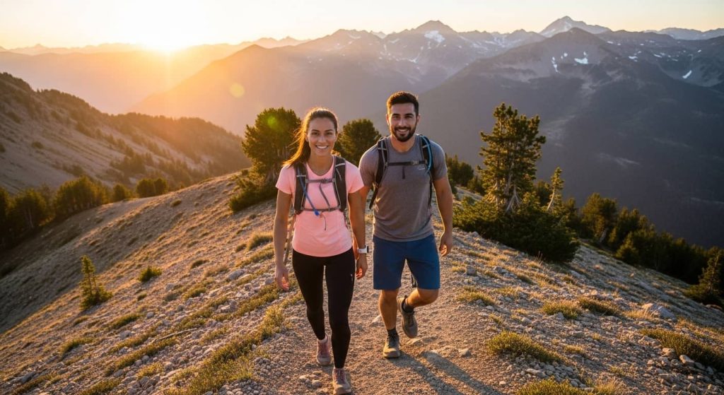 Adventure couple photoshoot outfit ideas with athleisure for outdoor hikes