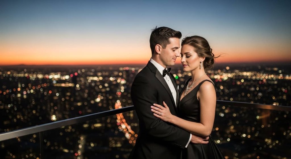 "Elegant formal couple photoshoot outfit ideas in LBD and tuxedo for rooftop romance"