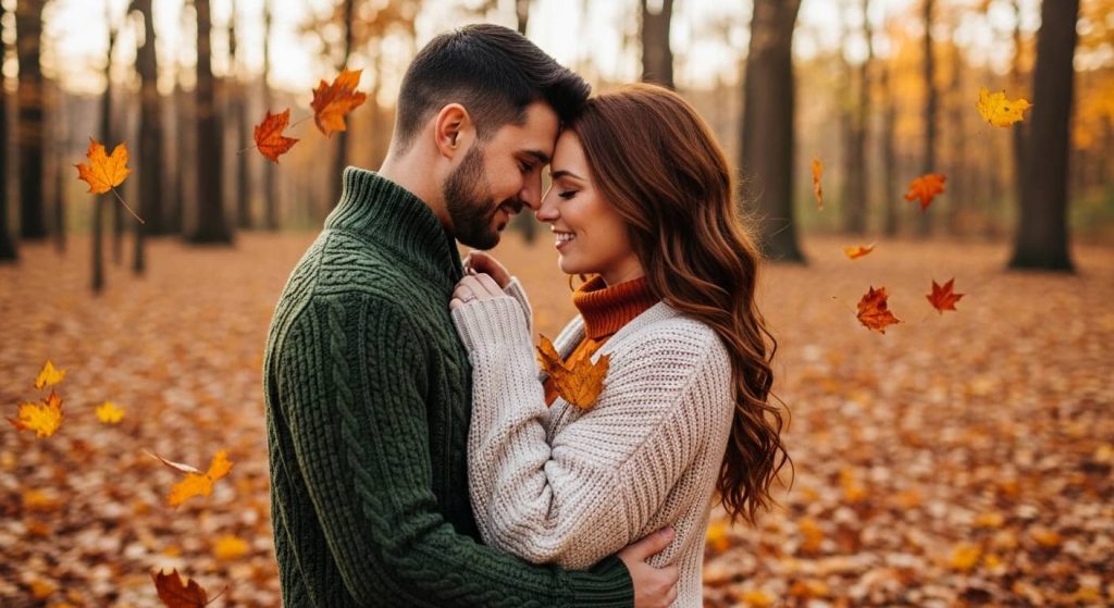 "Fall cozy couple photoshoot outfit ideas with layered knits and scarves"