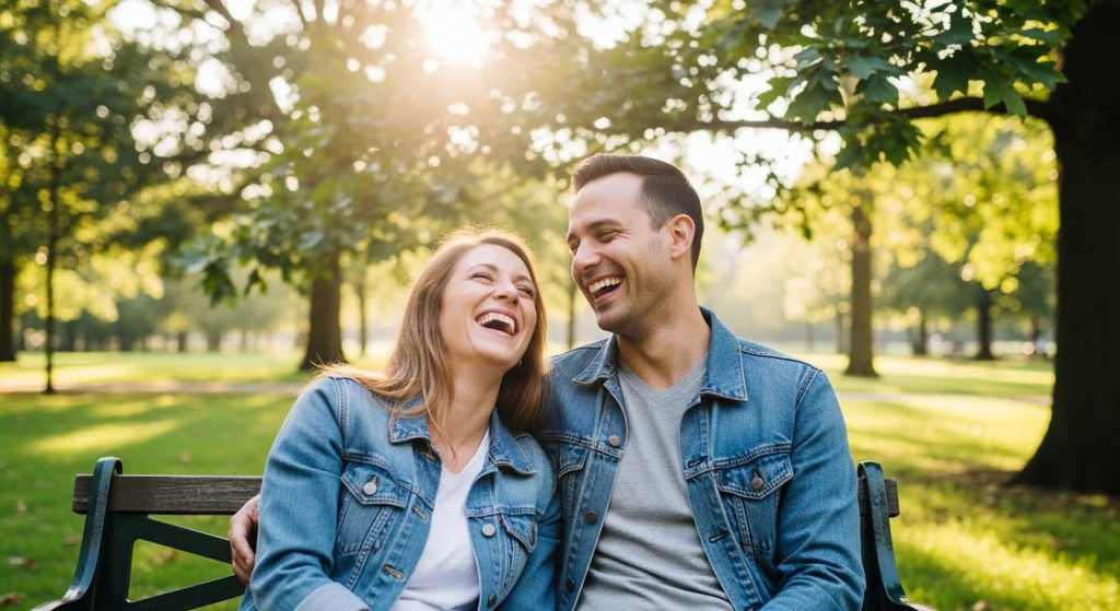A smiling couple in denim jackets sits on a park bench, laughing together in warm sunlight among green trees.