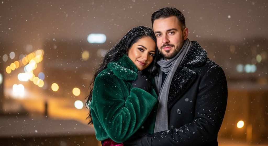 "Winter glam couple photoshoot outfit ideas with faux fur coats for snowy elegance"