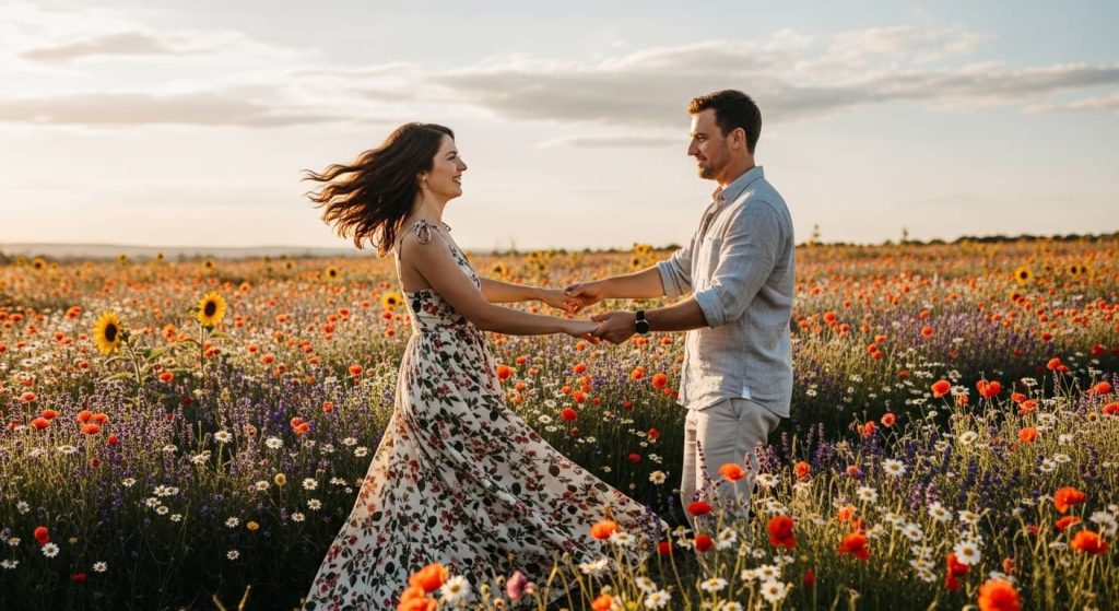 "Boho romance couple photoshoot outfit ideas with floral maxi dress and linen shirt"
