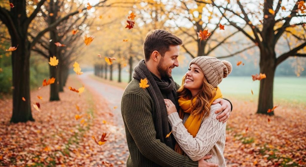 "Fall cozy layers couple photoshoot outfit ideas with knits for foliage romance"