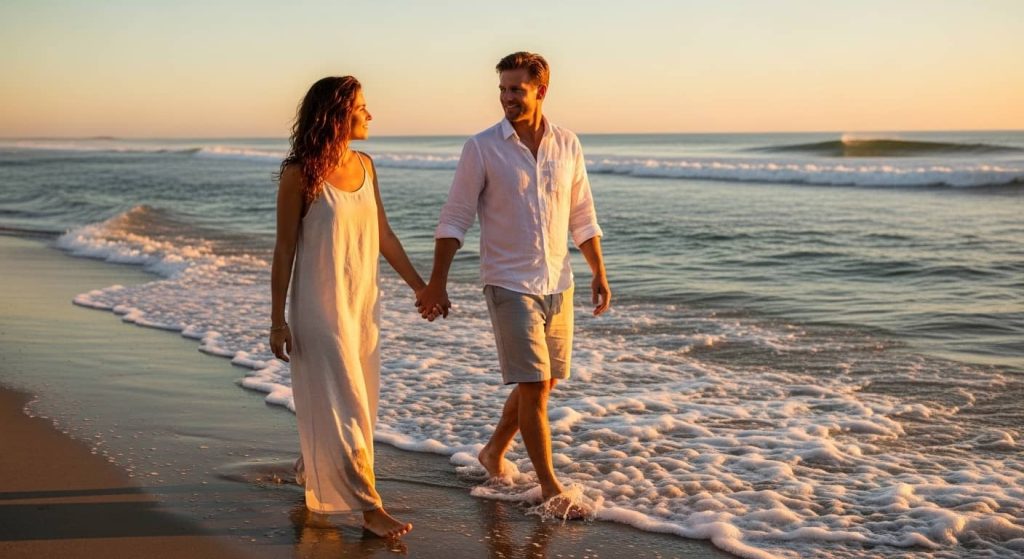 "Summer beach vibes couple photoshoot outfit ideas with linen sets for coastal romance"