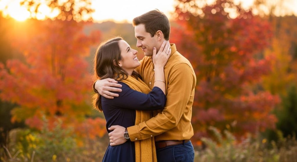 Color-coordinated magic couple photoshoot outfit ideas with navy and mustard contrast