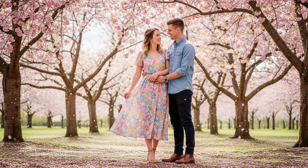"Spring floral couple photoshoot outfit ideas with pastel midi dress for park romance"