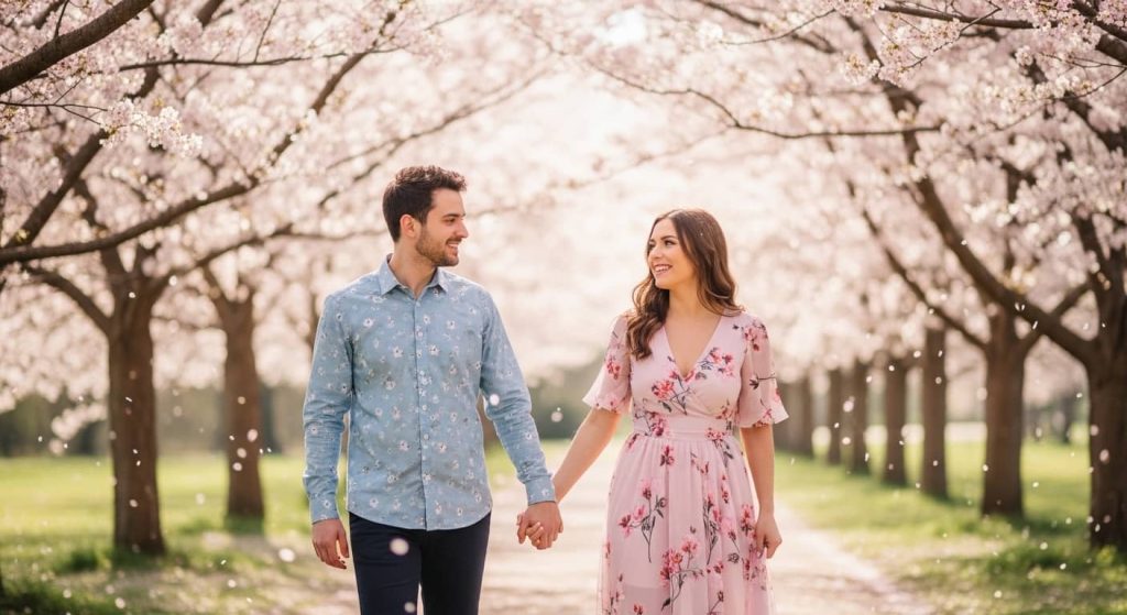 "Spring floral couple photoshoot outfit ideas with pastels for blooming romance"