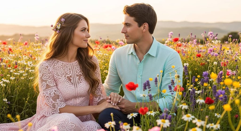Engagement couple photoshoot outfit ideas with lace dress for romantic proposals