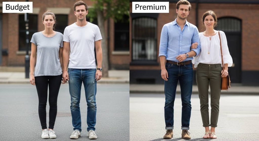 Budget vs premium couple photoshoot outfit ideas comparison for affordable chic